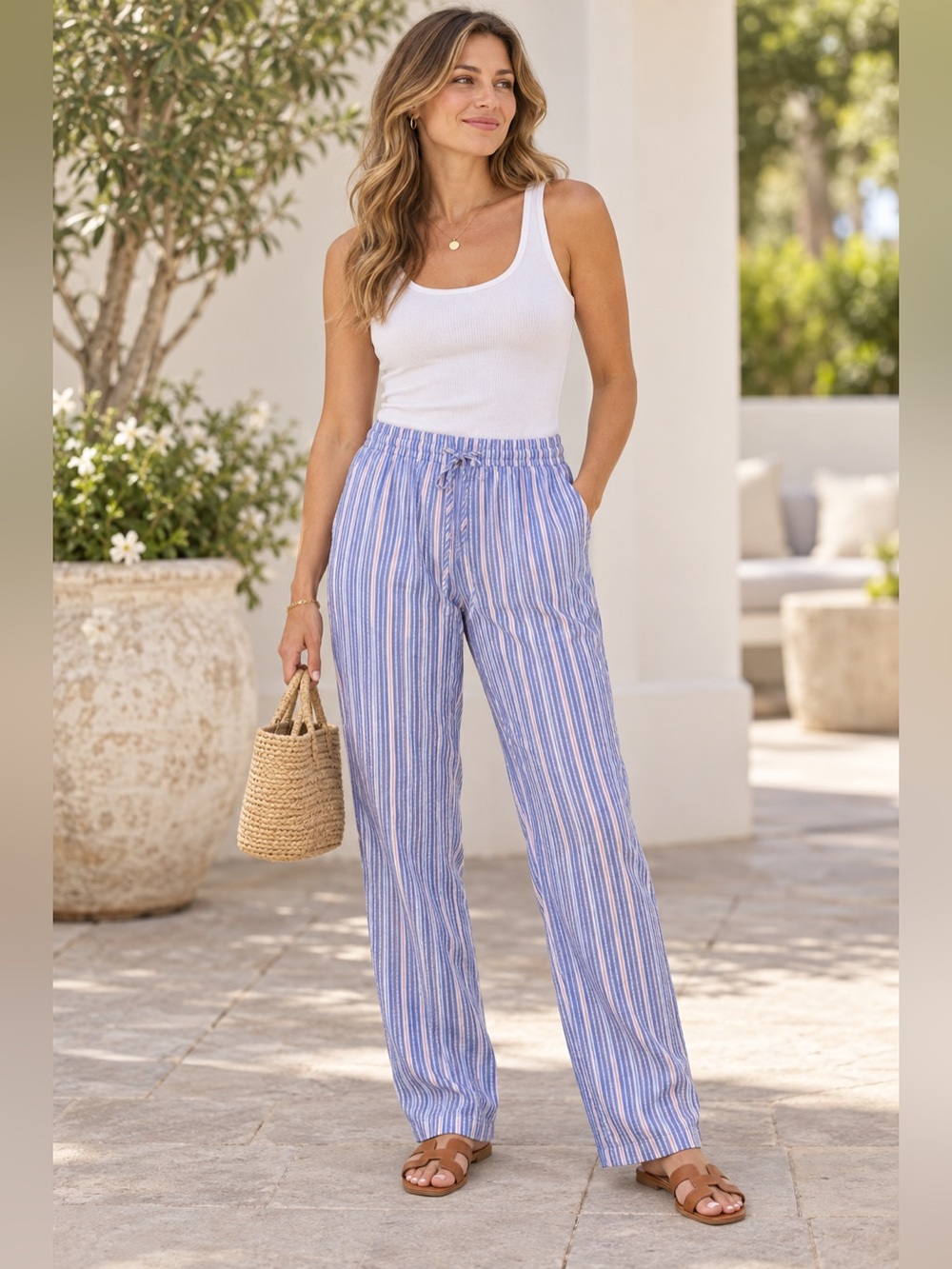 NWT American Eagle Outfitters Blue & White Striped Wide-Leg Drawstring Pants